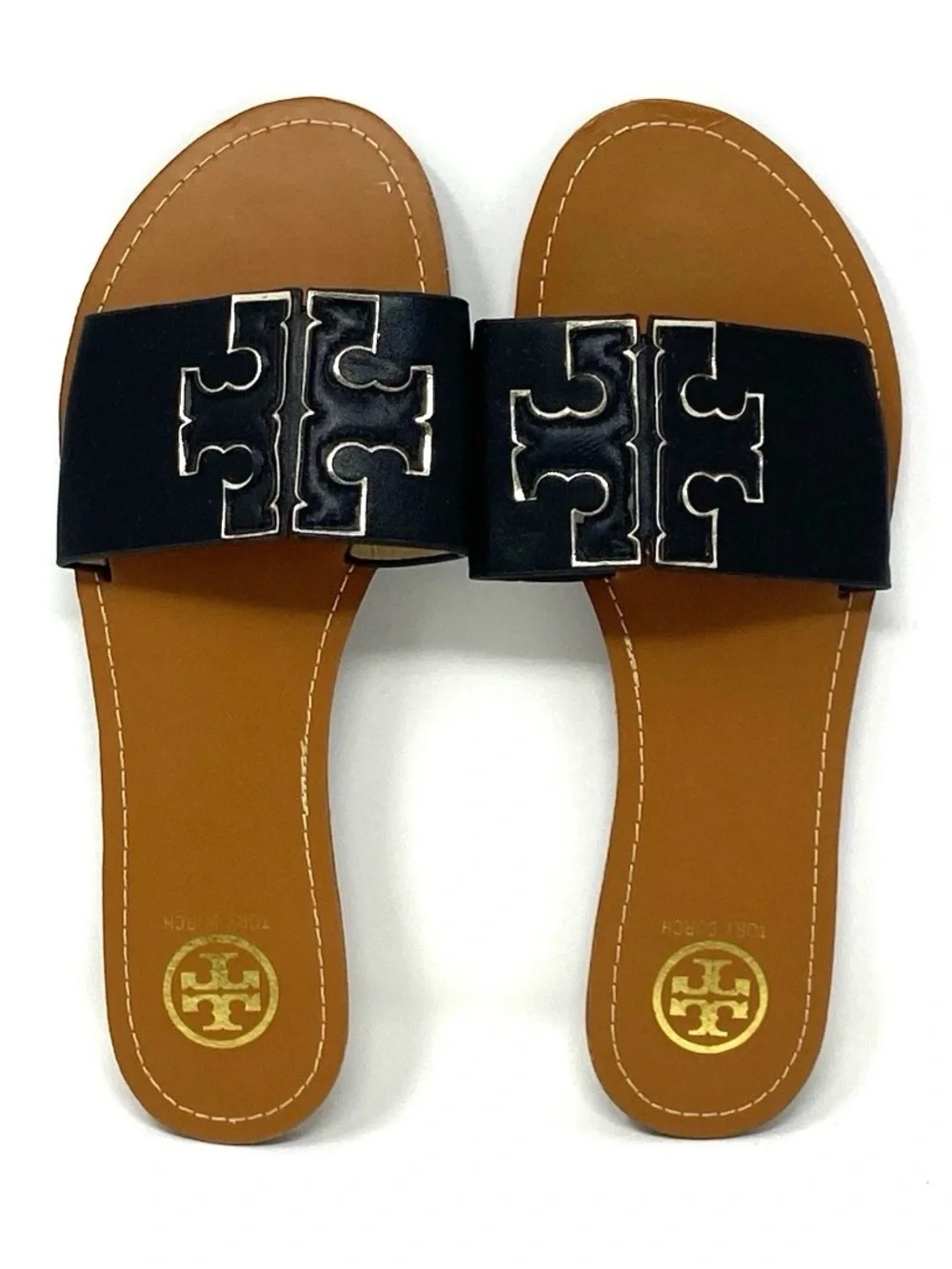 Tory Burch Ines Large Logo Slide Leather Flat Sandals Brown Black EUR 40 / US 10